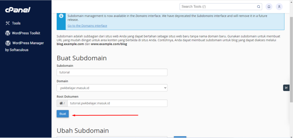 membuat subdomain tutorial dari nama domain pwkbelajar.masuk.id